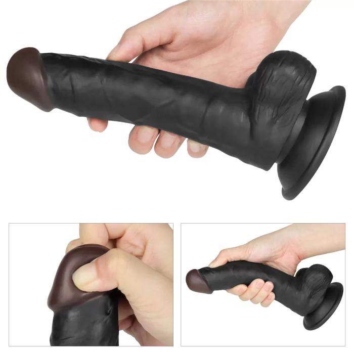 Belden Bağlamalı Titreşimli Ultra Yumuşak Gerçekçi Et Dokulu Realistik Zenci Vibratör Dildo 20 CM