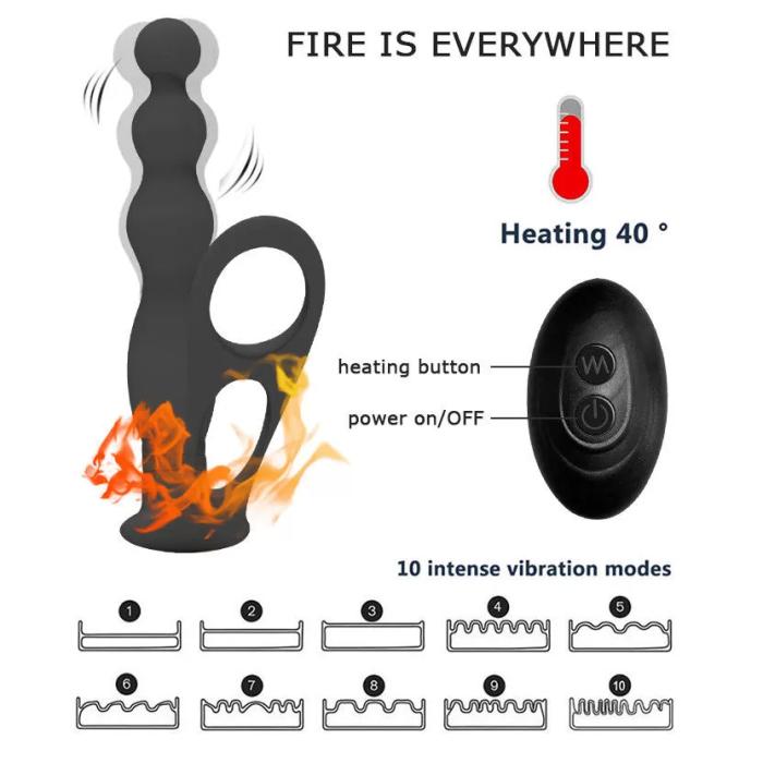 DEIMOS Isıtmalı Penis ve Testis Halkalı Perine ve Prostat Uyarıcı Boğumlu Anal Vibratör