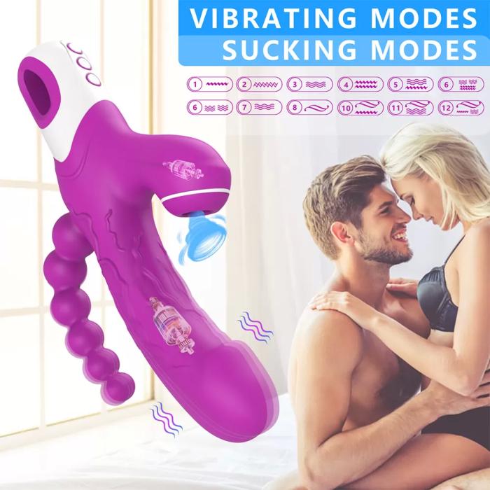 EROS Şarjlı Anal Boncuklu Emiş Güçlü 3 in 1 G Spot Üçlü Dildo Vibratör