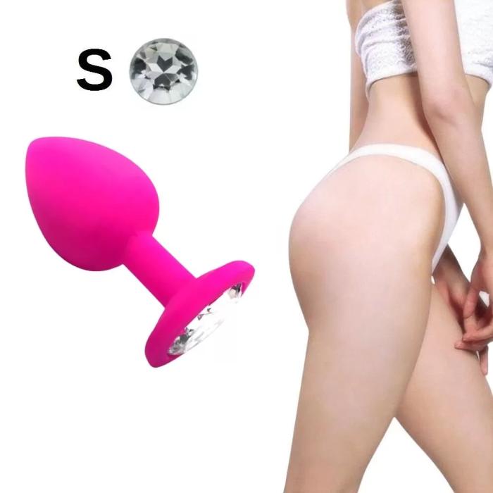 Parlak Beyaz Mücevher Taşlı Silikon Pembe Anal Plug