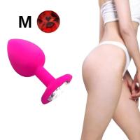 Parlak Kırmızı Mücevher Taşlı Silikon Pembe Anal Plug - Orta