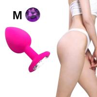 Parlak Mor Mücevher Taşlı Silikon Pembe Anal Plug - Orta