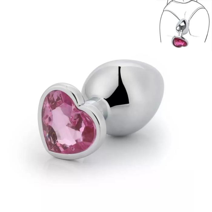 Silver Paslanmaz Metal Pembe Kalp Taşlı Anal Plug - Küçük