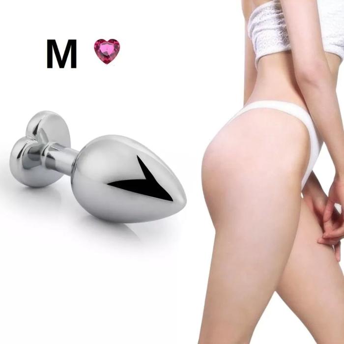 Silver Paslanmaz Metal Pembe Kalp Taşlı Anal Plug - Orta