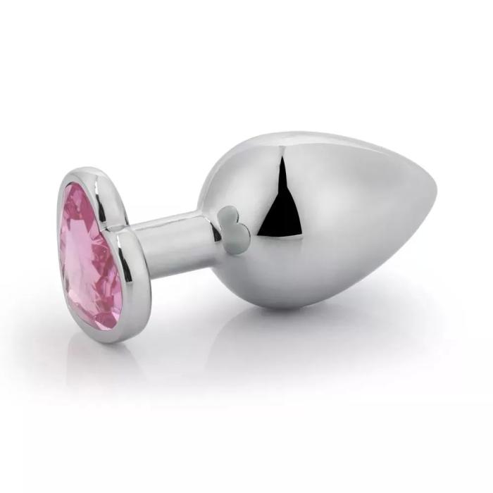 Silver Paslanmaz Metal Pembe Kalp Taşlı Anal Plug - Orta