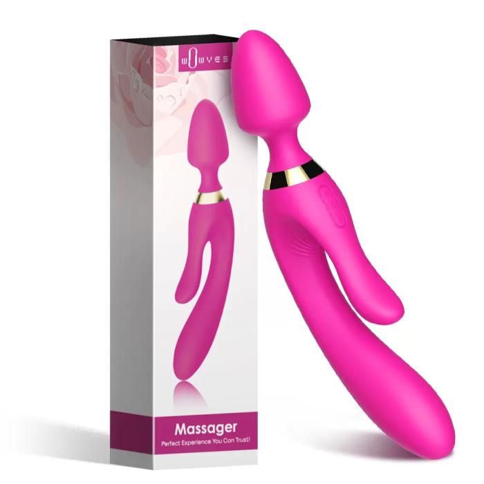 WOWYES Manyetik Şarjlı Su Geçirmez Wand Massager 3 in 1 Dildo Vibratör - Pembe